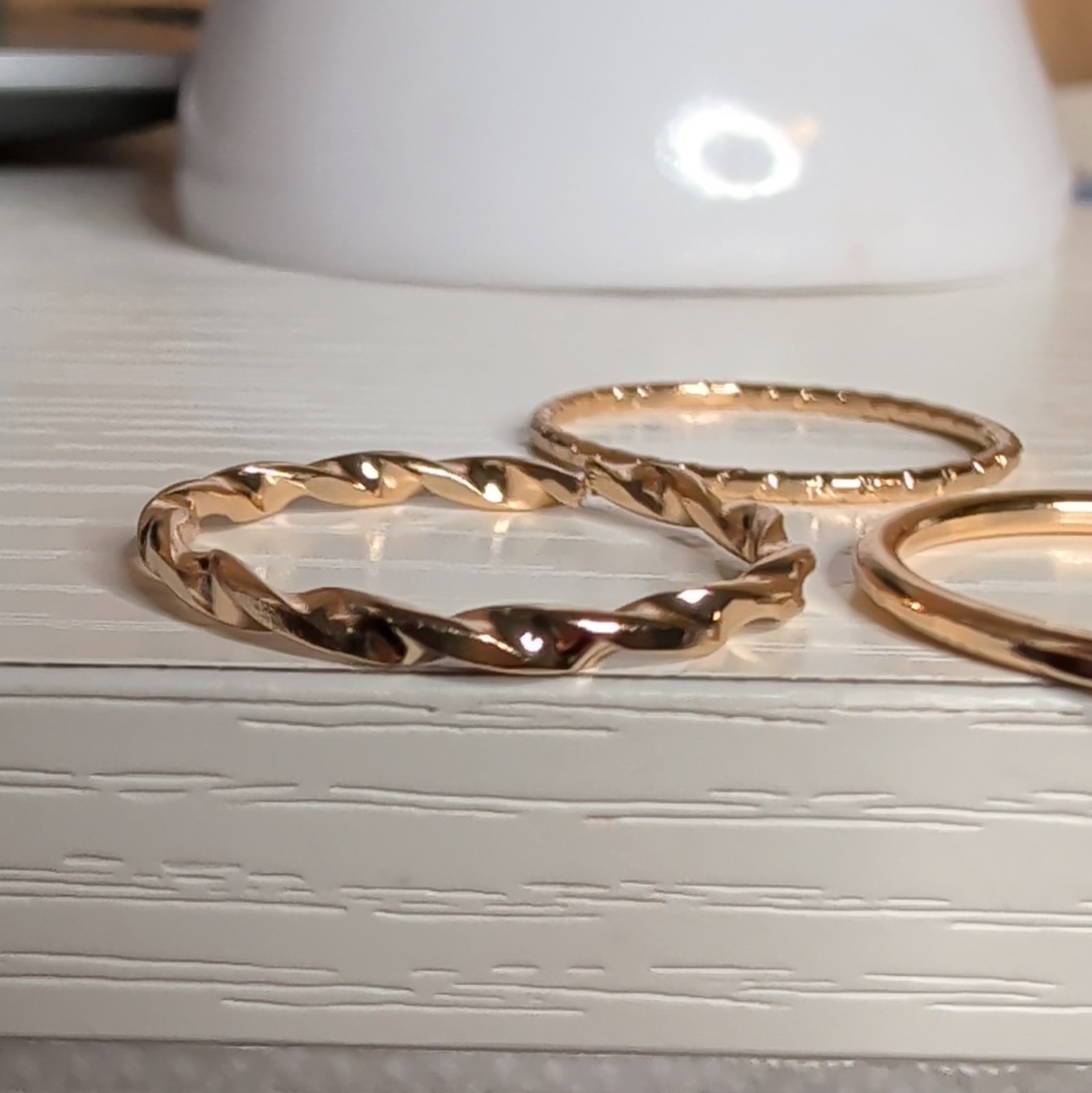 3-Piece Gold Tone Metal Stackable Band Ring Set Size 7.75 w/ Leaf Charm
