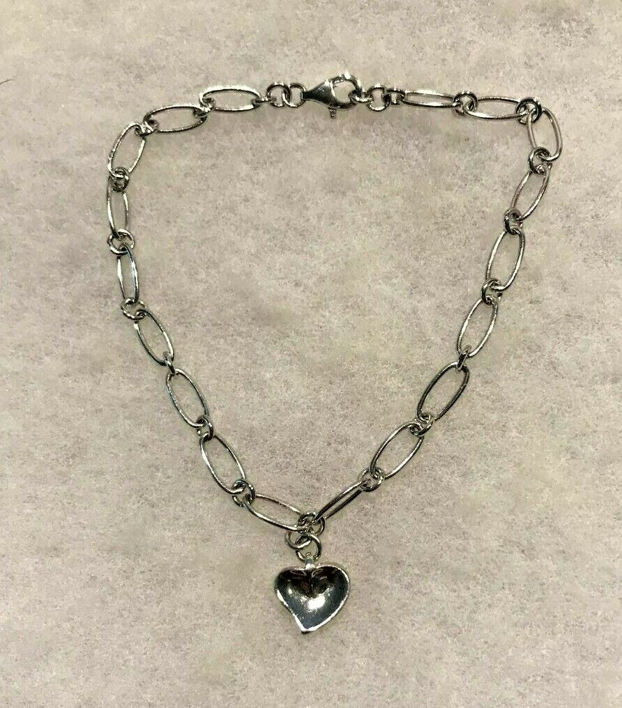Sterling Silver Oval Link Ankle Bracelet with Heart Charm 10 In. – 8.9 Grams