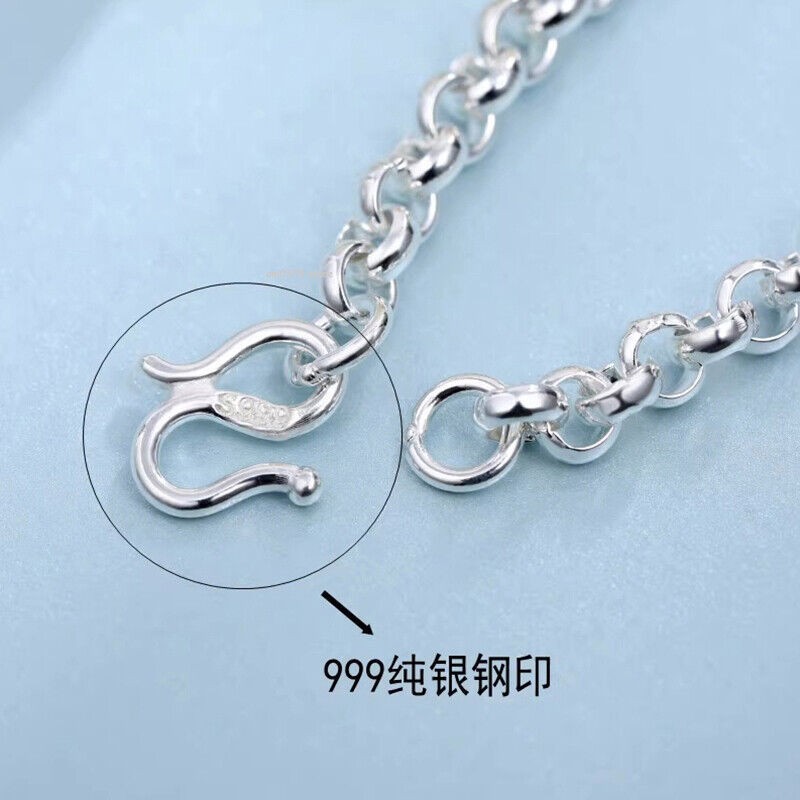 Pure 999 Fine Silver Bracelet Women Men 4.2mm/5mm Circle Rolo Link Chain