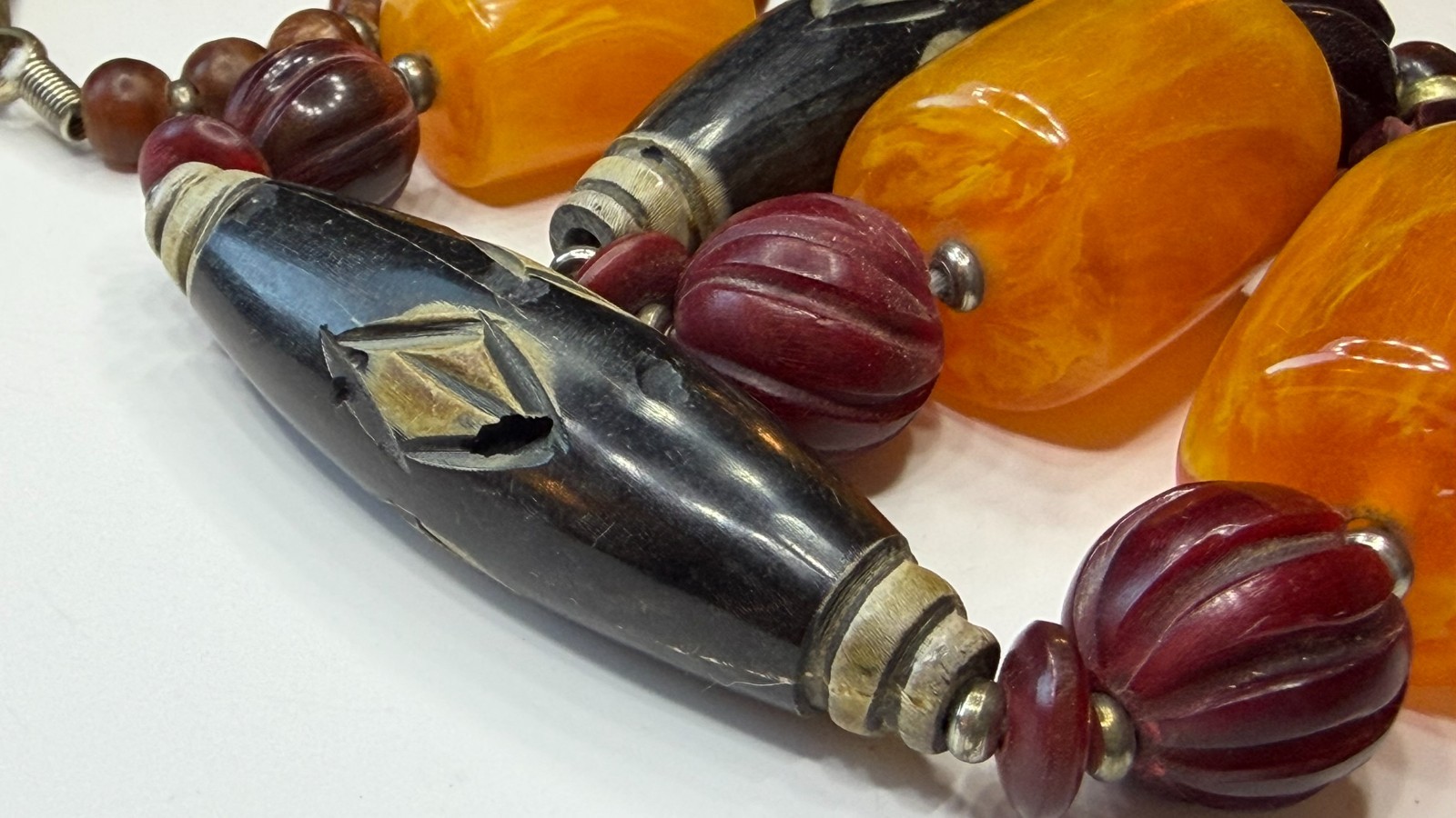 Vintage Tibetan Style Mosaic Pendant Necklace Butterscotch Resin Bone Beads 26″