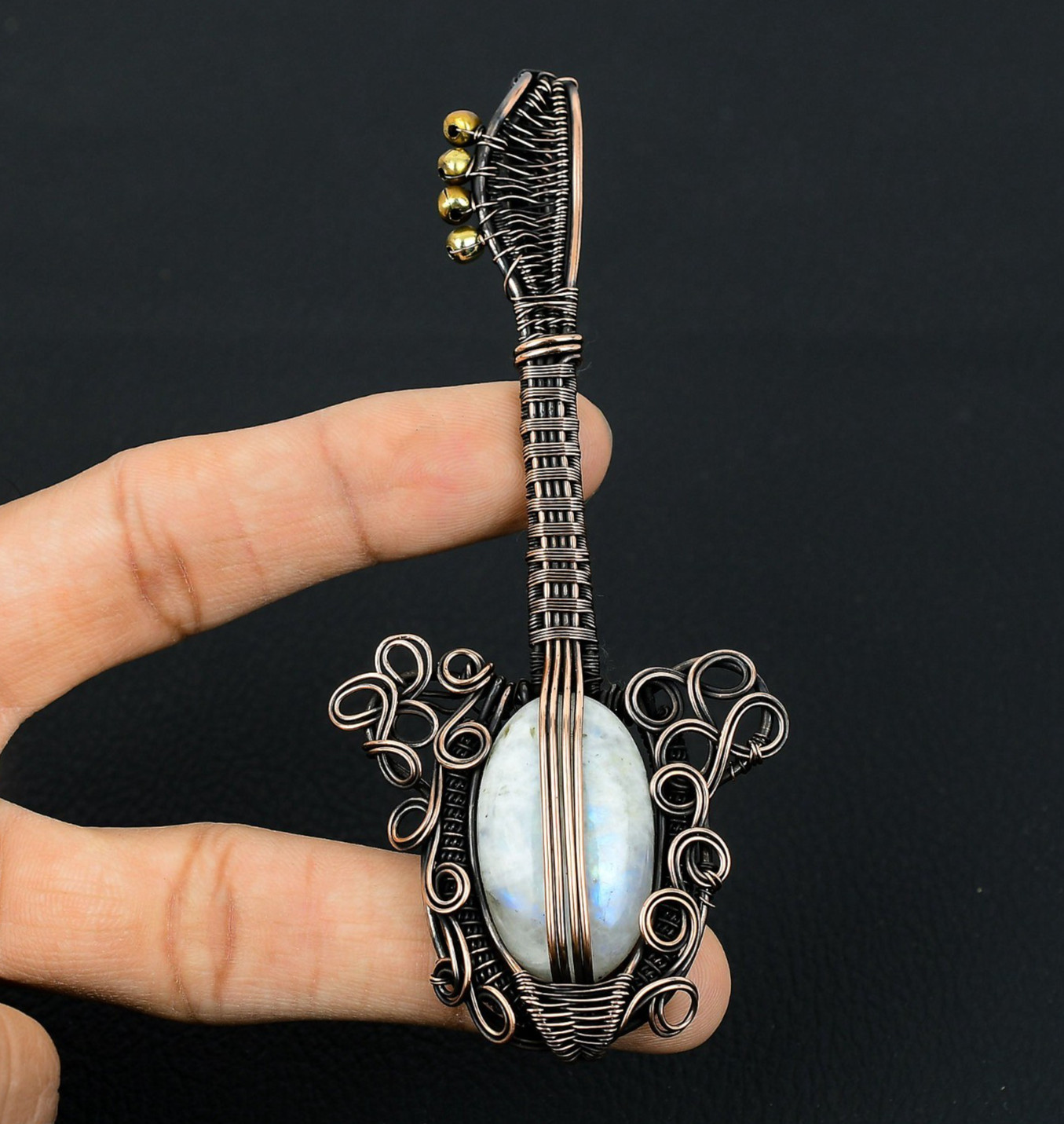 Moonstone Handmade Gemstones Copper Wire Wrapped Guitar Designer Pendant Jewelry