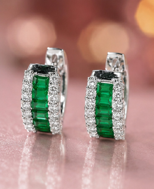 2ct Baguette Simulated Green Emerald/Diamond Hoop Earrings 14k White Gold Plated