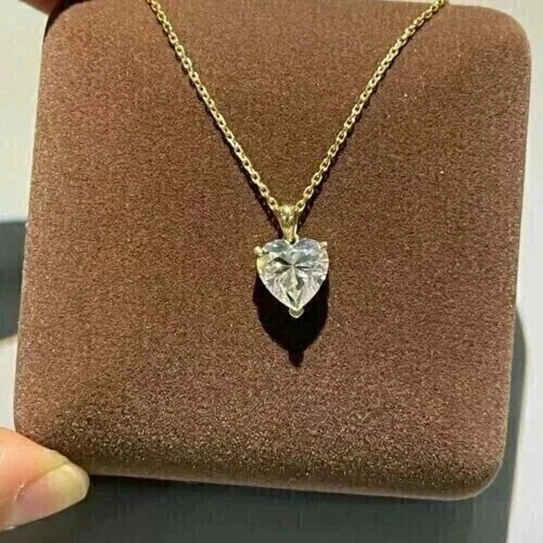 2 CT Heart Cut Moissanite 14K Yellow Gold Plated Solitaire Pendant Women