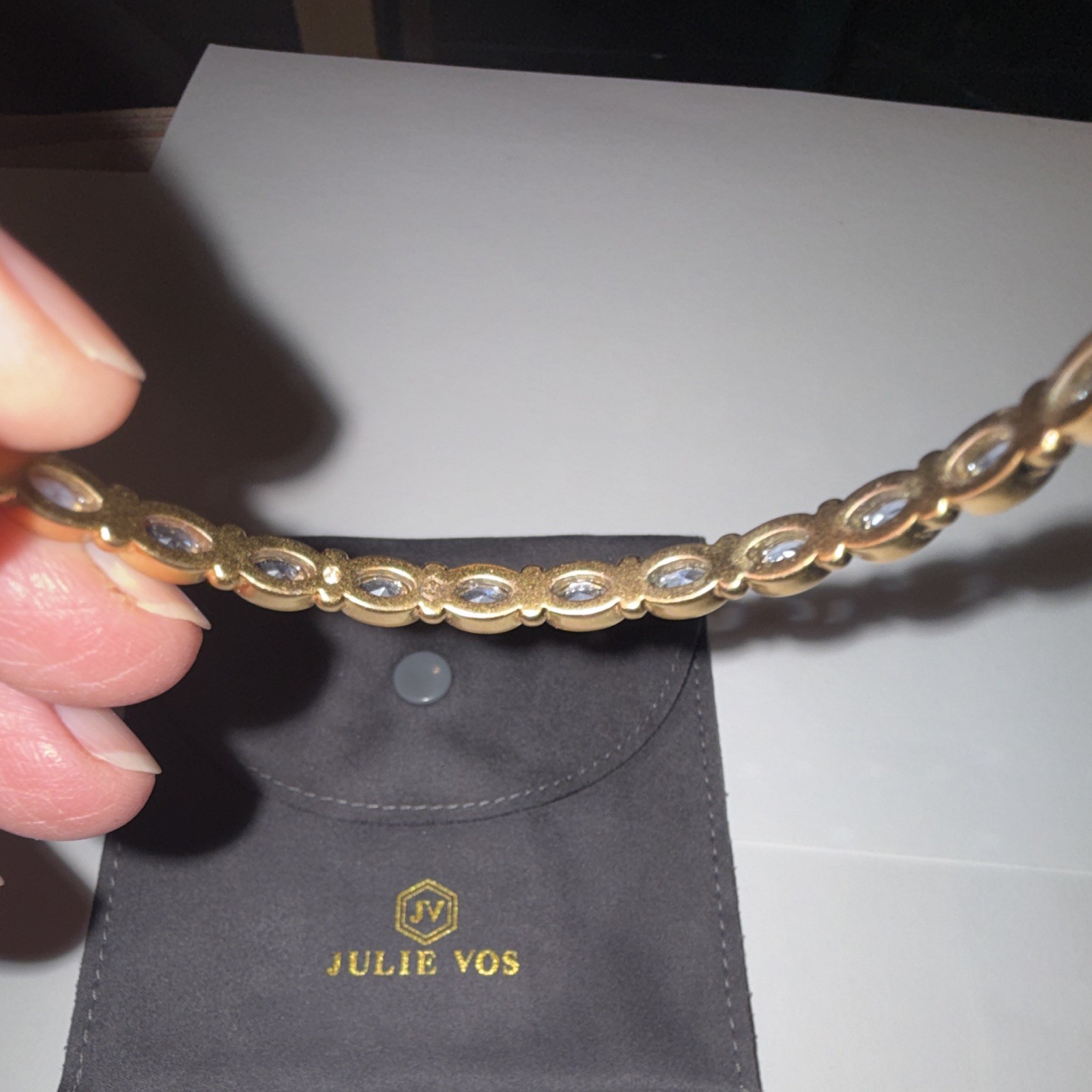 Julie Vos 24k Gold Overlay Bangle Bracelet Charcoal Blue Oval Stone