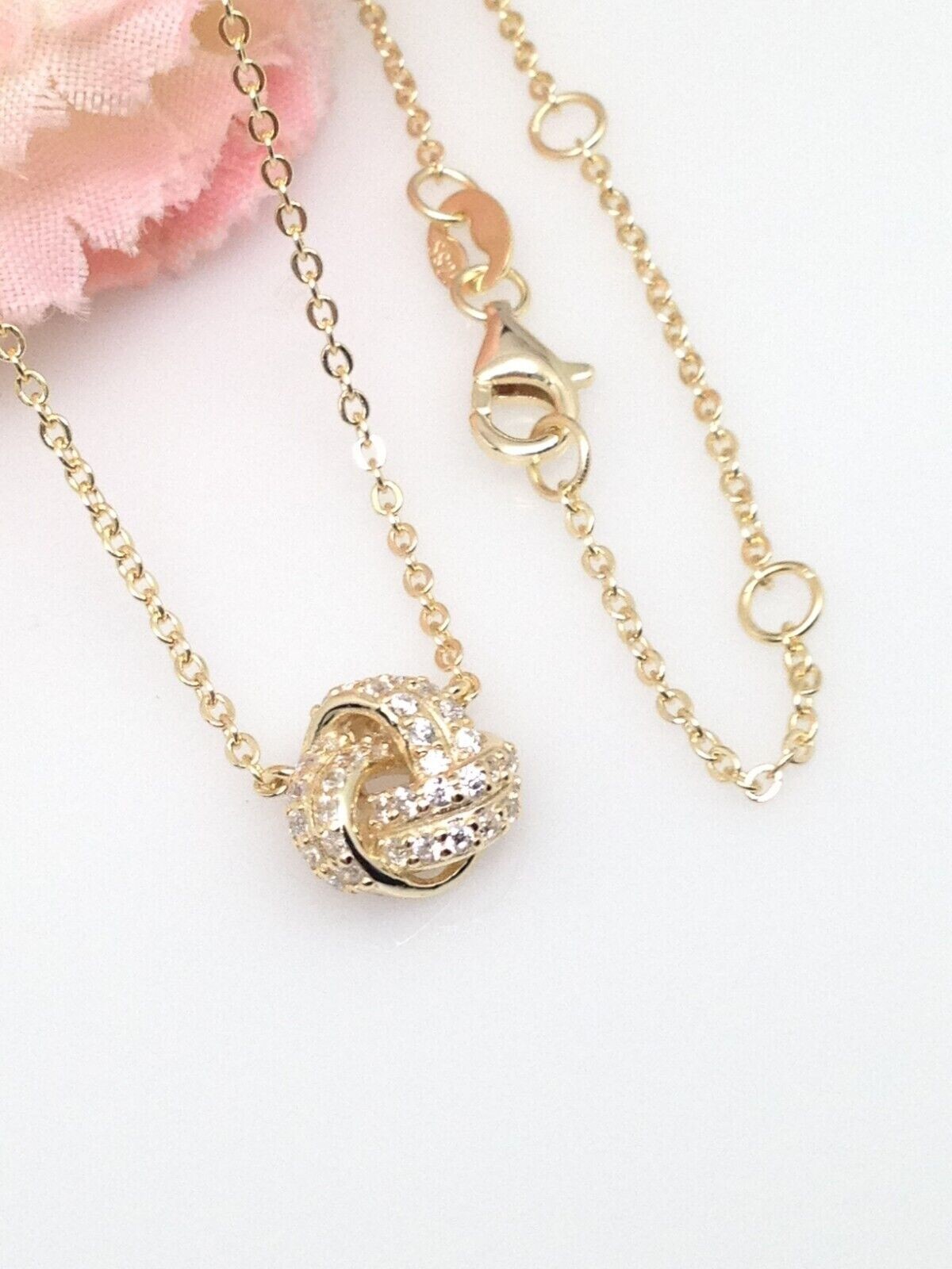 925 Sterling Silver CZ Gold Love Knot Pendant Necklace Women 8mm 15.75-17.75″