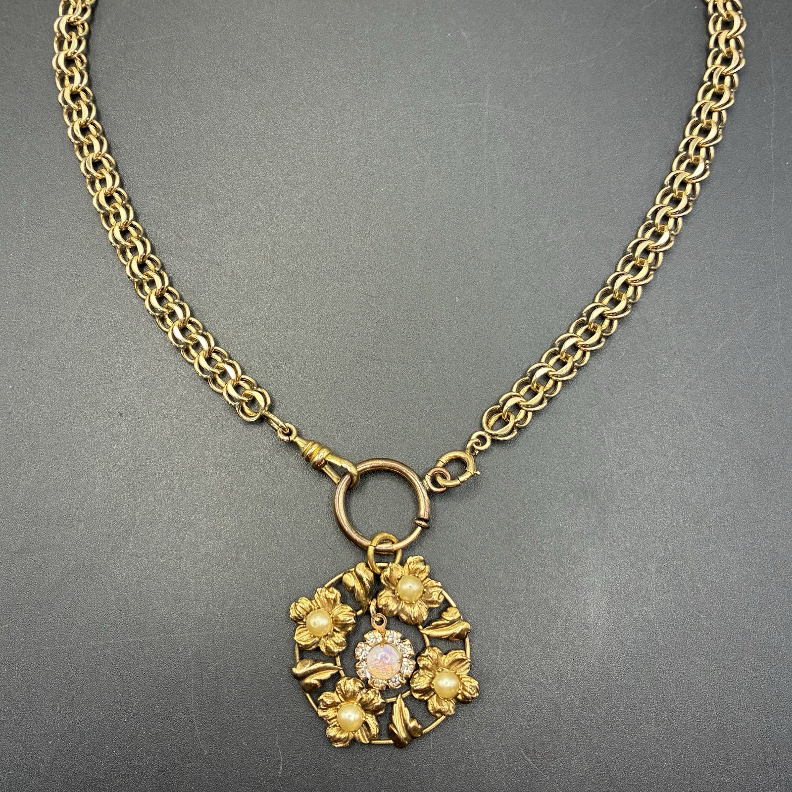 26g Vintage 12k Gold Filled Pocket Watch Chainmail Chain FOB Necklace, Faux Opal