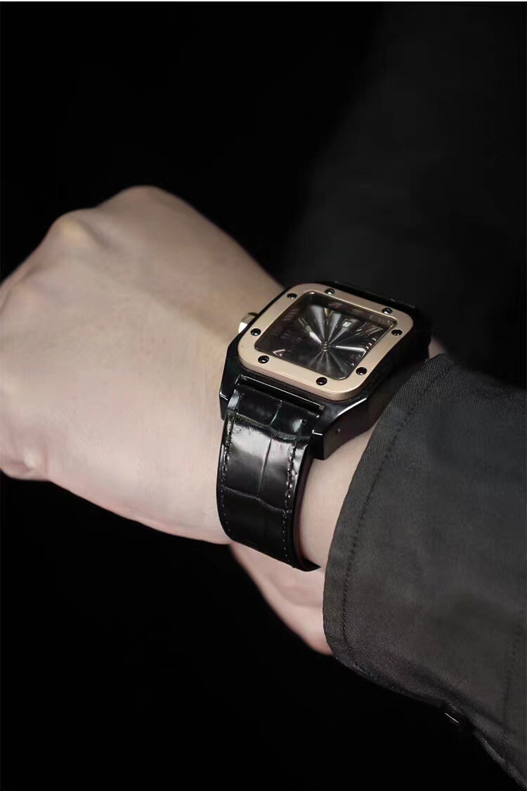 COMPLETE LEATHER STRAP BAND FOR CARTIER SANTOS 100 XL CHRONOGRAPH W20090X8 BLACK