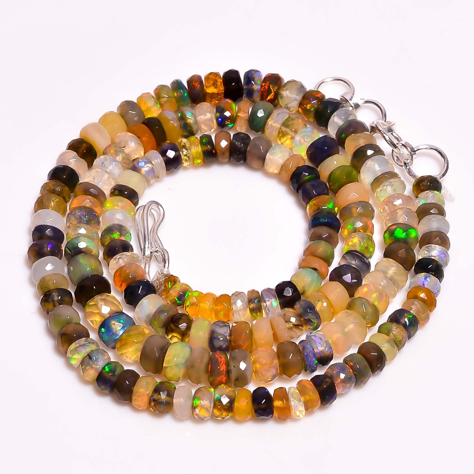 50.5 Ct. AAA Multi Ethiopian Opal Rondelle Faceted Beads Necklace 17-18″ A-3441