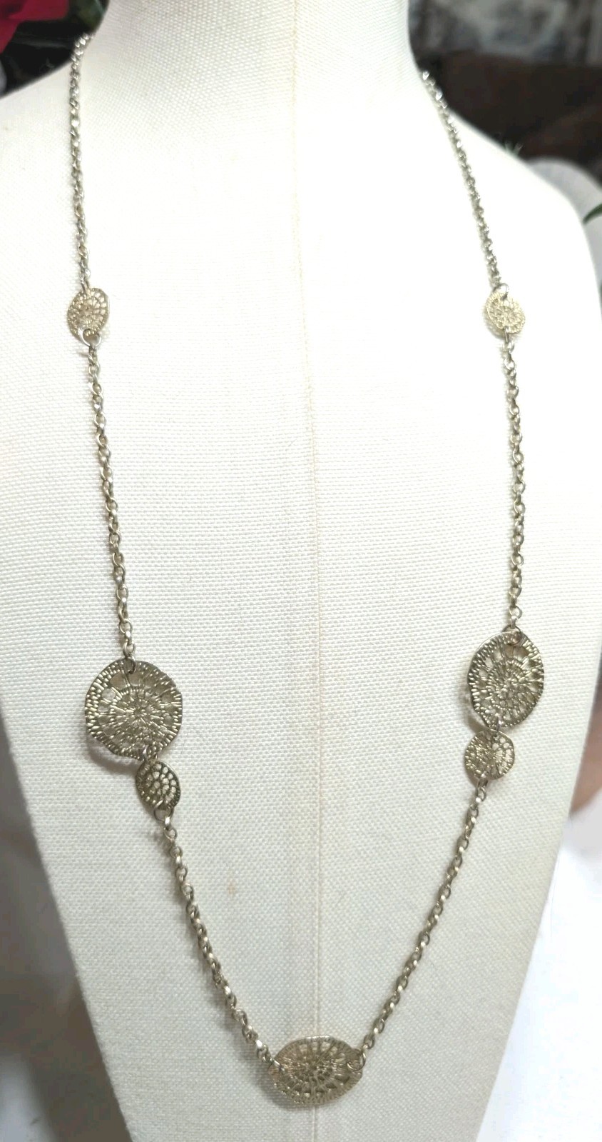 Long Silver Tone Chain Necklace W/Pierced Meta lDiscs