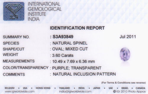 IGI Certified BURMA Spinel 3.60 Cts Natural Untreated Deep Purple Oval