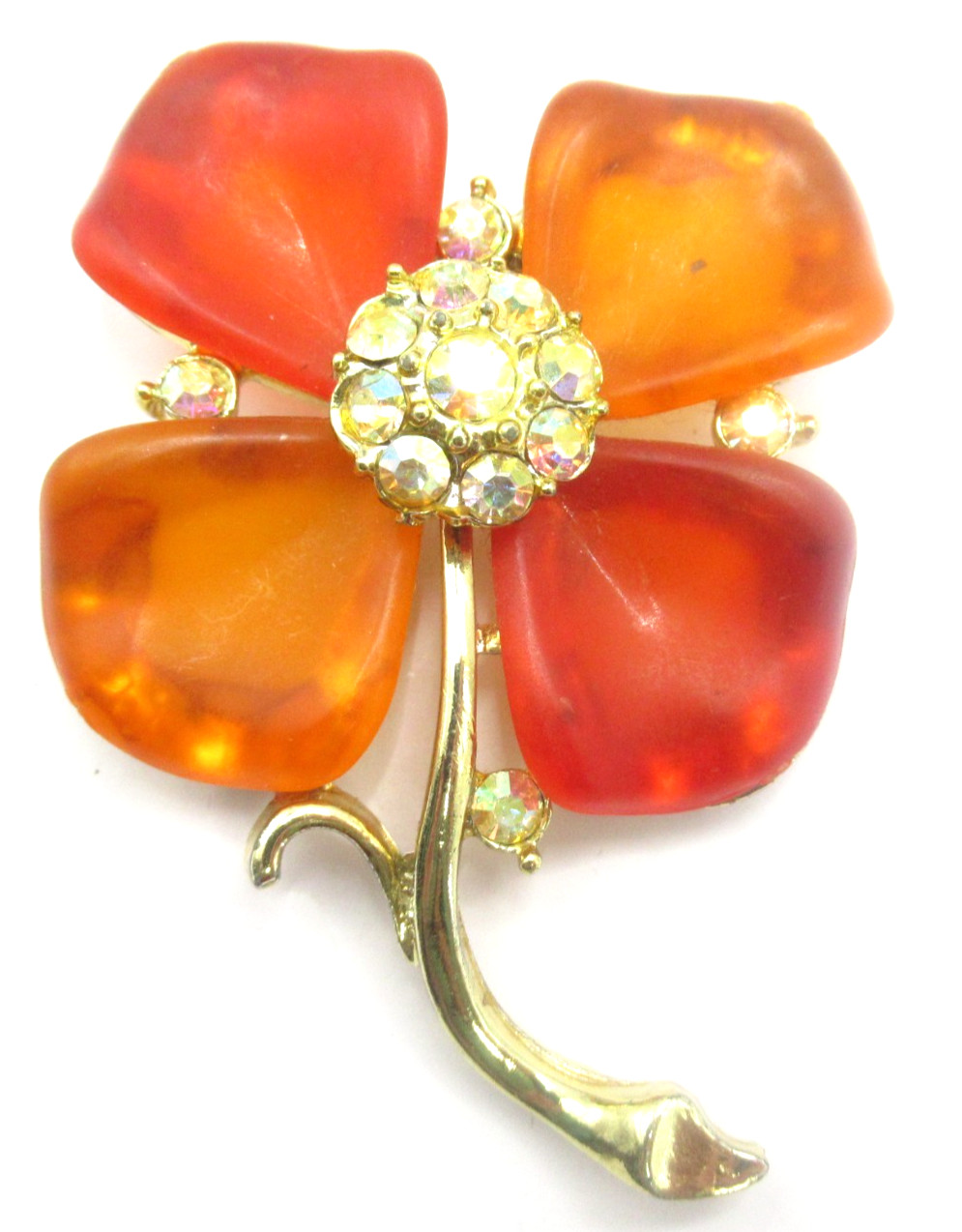 Orange Acrylic and AB Rhinestone Flower Vintage