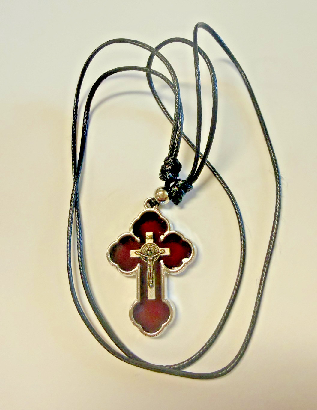 Saint Benedict Dark Red Budded Crucifix Cord Necklace, New #Gftshp-153