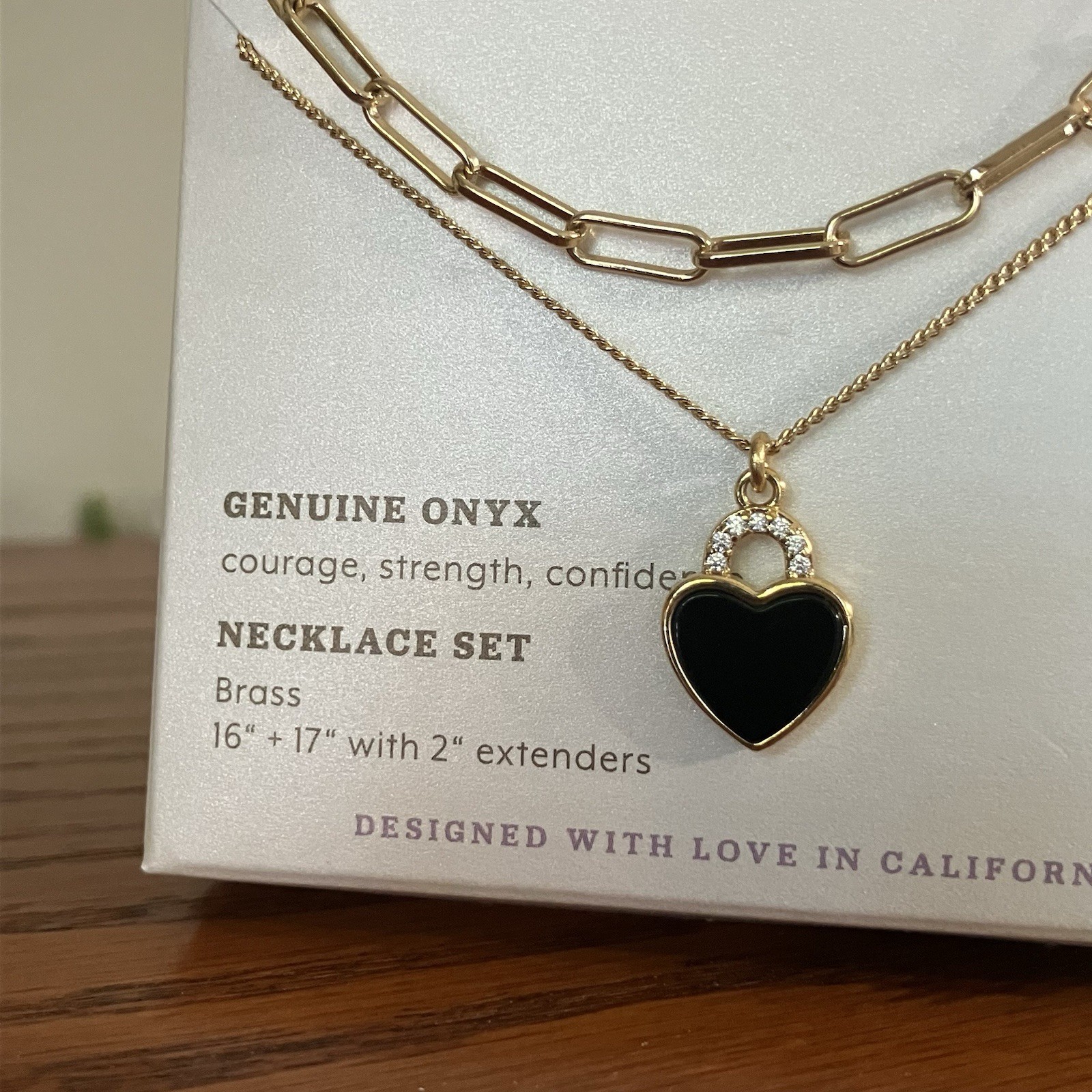 Luna Norte Genuine Black Onyx Heart 2 Necklace Set Paperclip Link Gold Chain