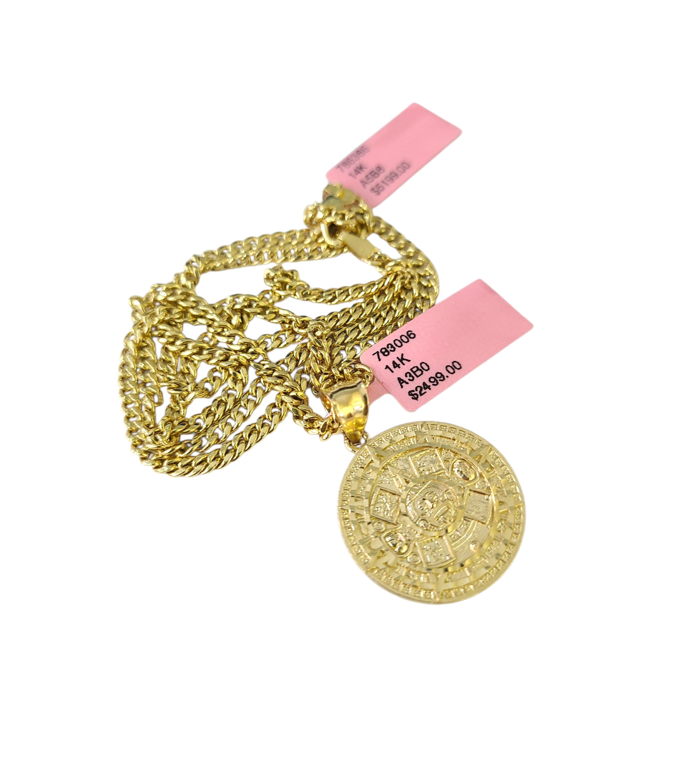 14K Gold Miami Cuban Link Chain Mayan Calendar Charm Pendant Set 3mm 18″–28″