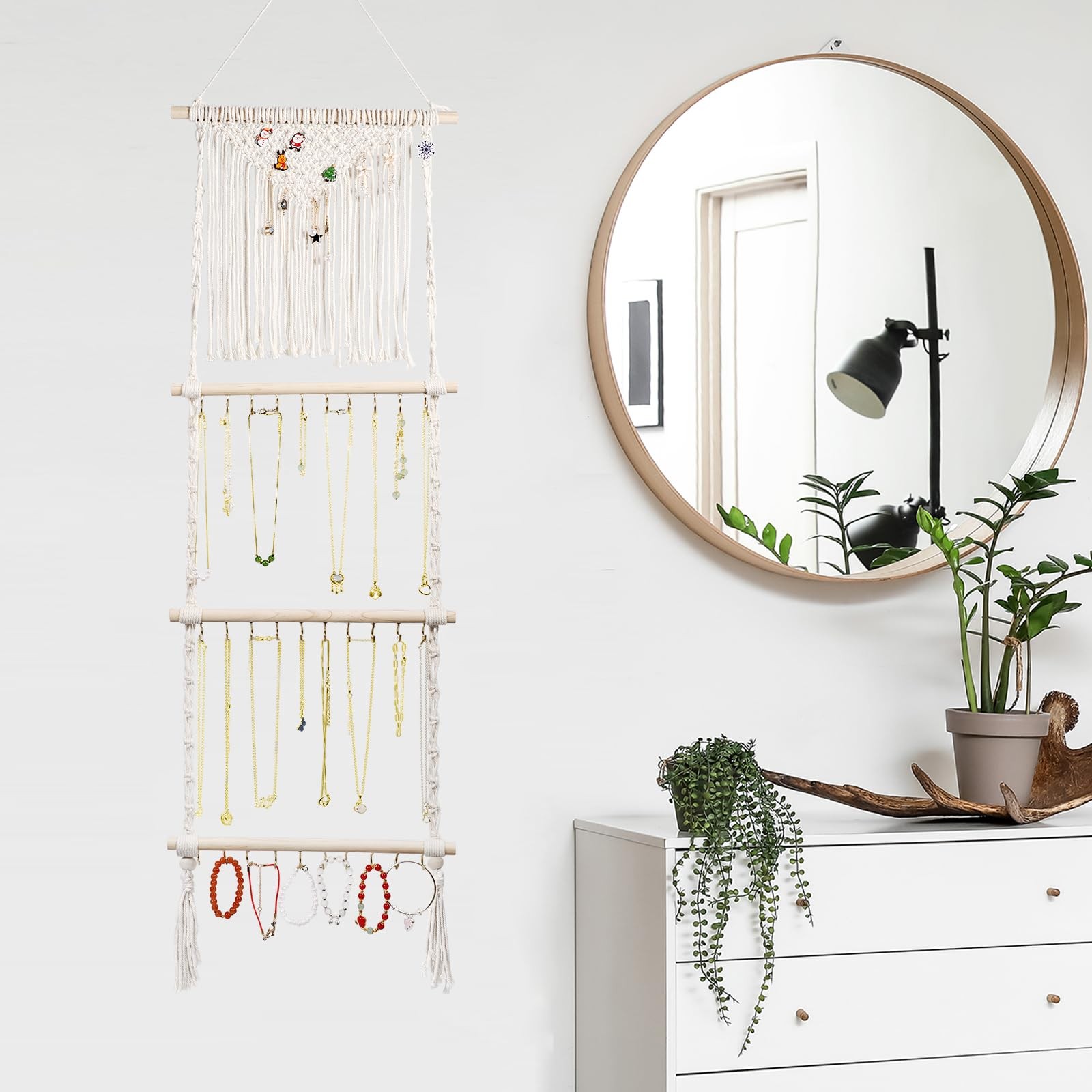 Hanging Jewelry Organizer, Boho Macrame Necklace Hanger Wall Mounted with 30 …