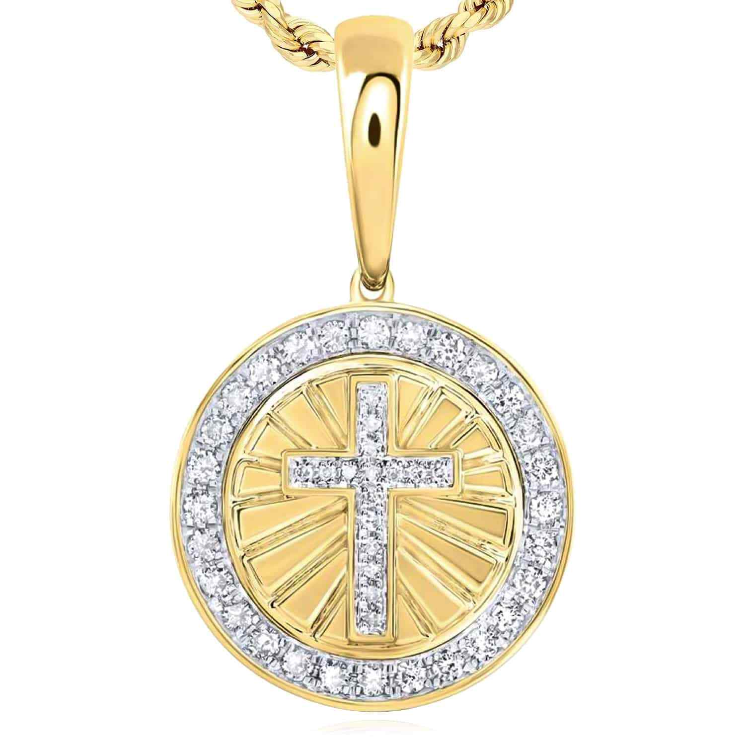 0.50CTW Real Diamond 10K Yellow Gold Circle Cross Pendant 0.75″