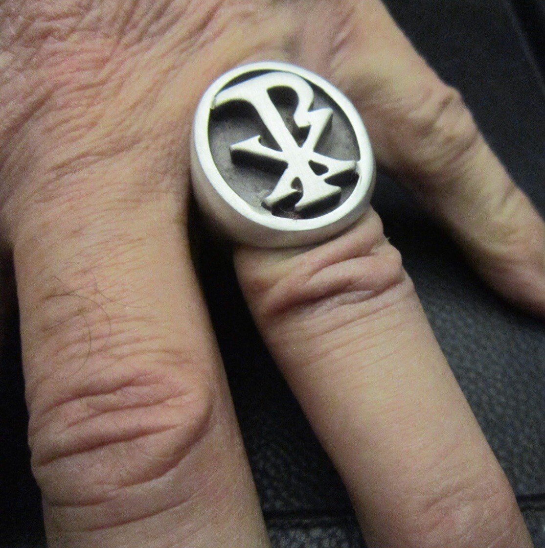 MJG STERLING SILVER CHI RHO RING.CHRISTIAN. JESUS. SZ 9. 26 GRAMS