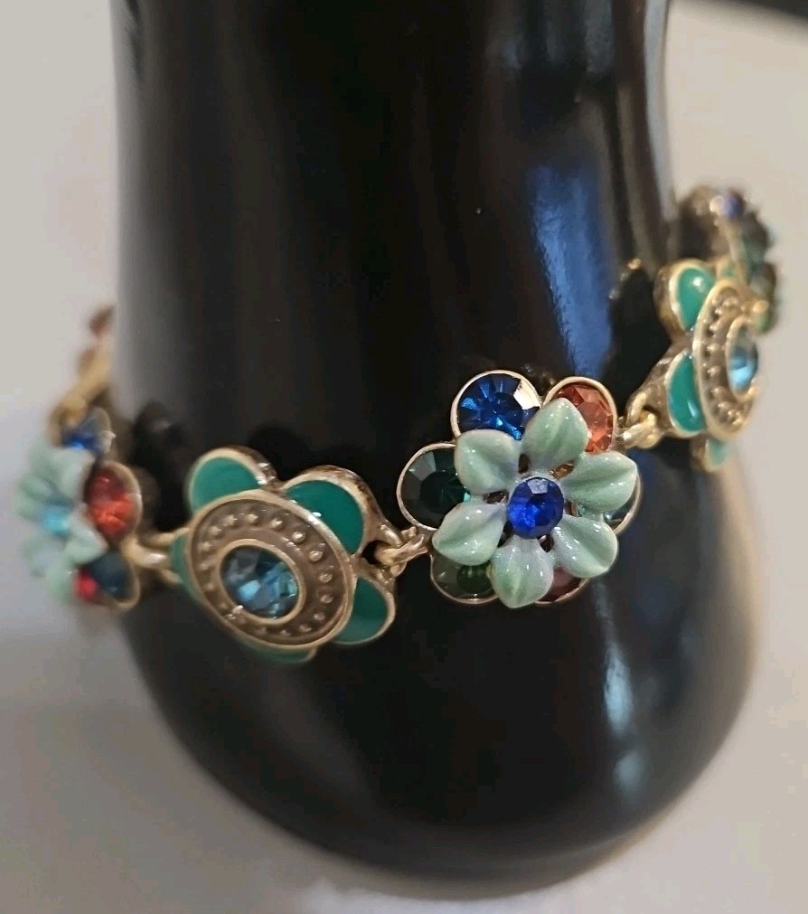 Double Layer 18k Plated Over Copper Alloy 3D Flower and Rhinestone Bracelet