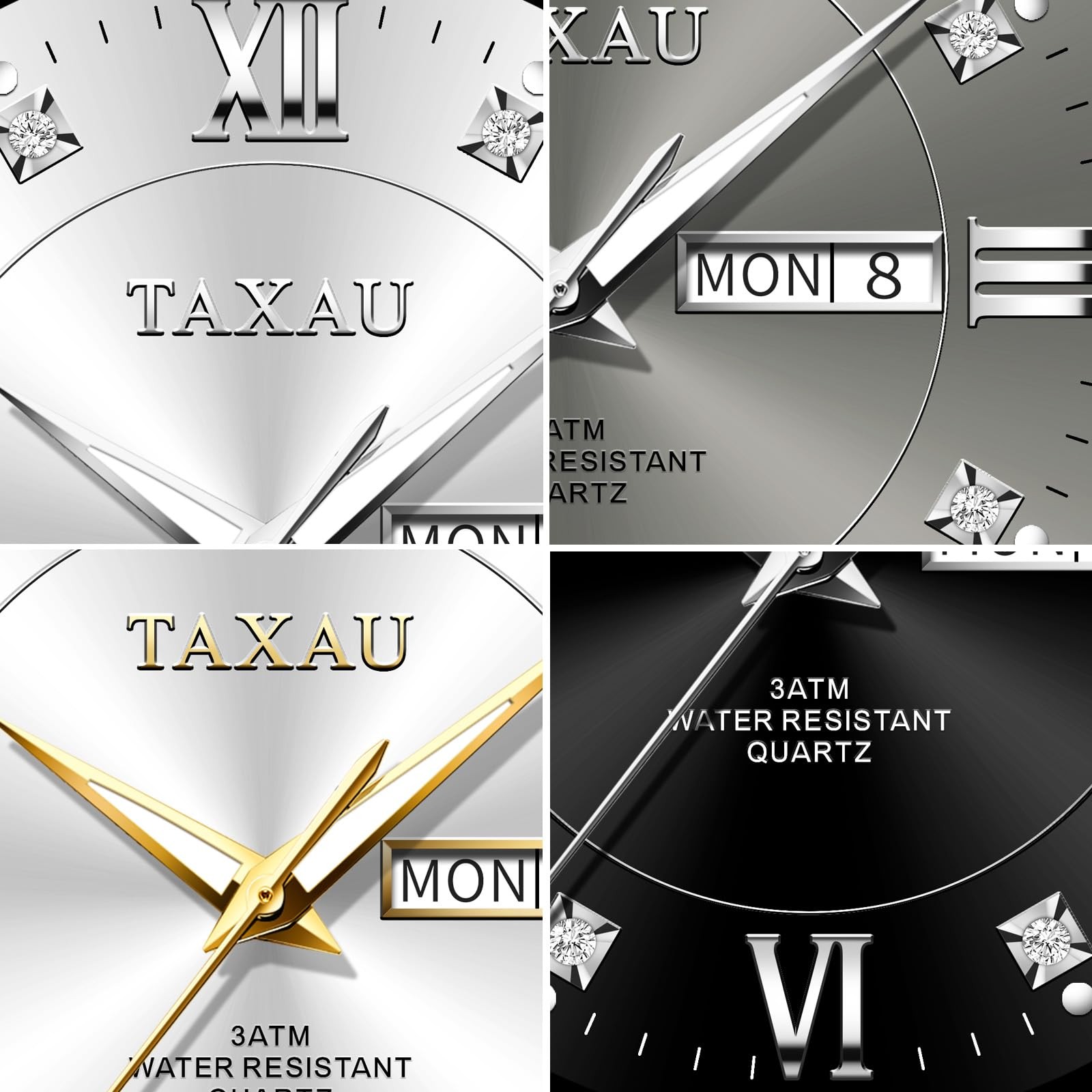 Silver Men Watch Black Face Stainless Steel Analog Quartz Watches for Men wit…