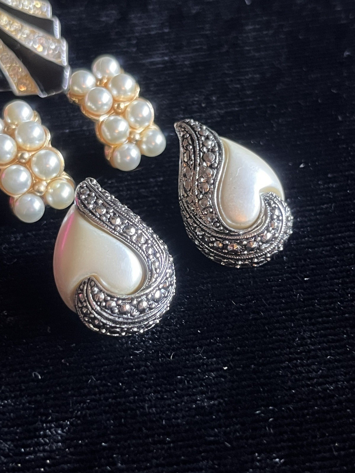 4 pair of vintage statement earring sets metal faux pearl rhinestones