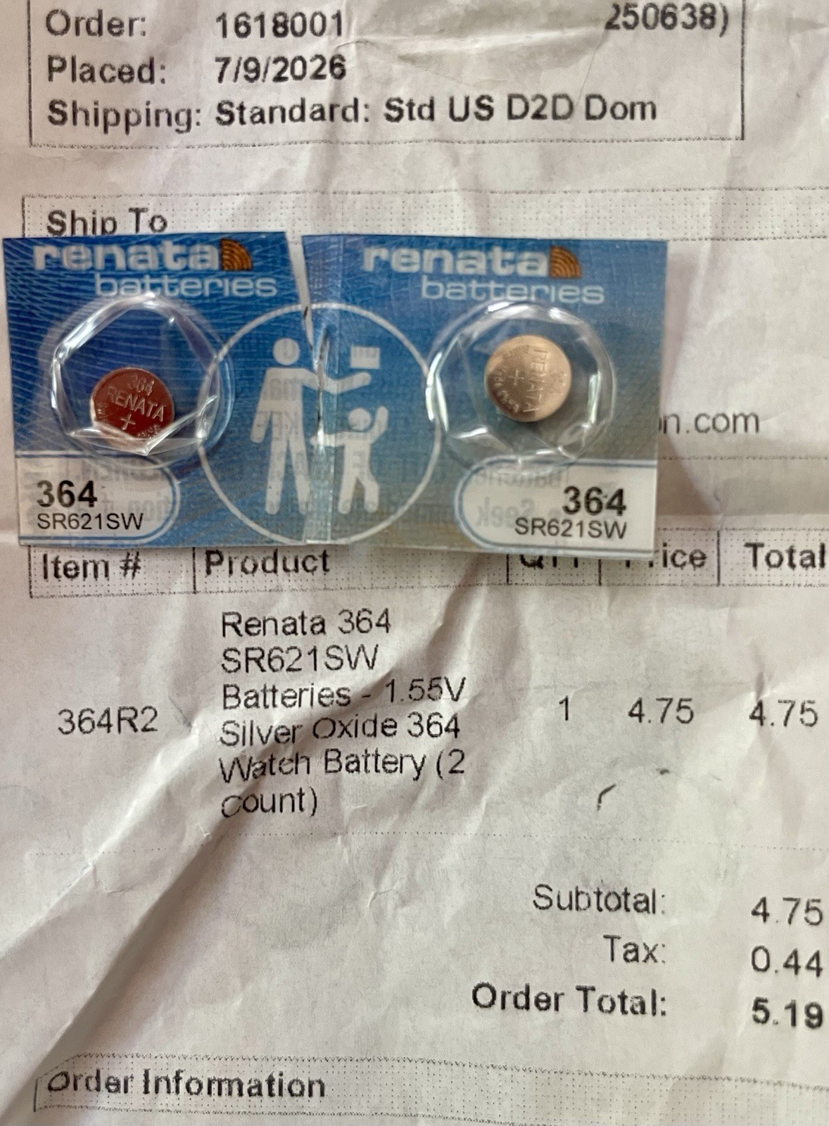 Renata 364 SR621SW Silver Oxide Watch Batteries – 2 Pack – Brand New Sealed