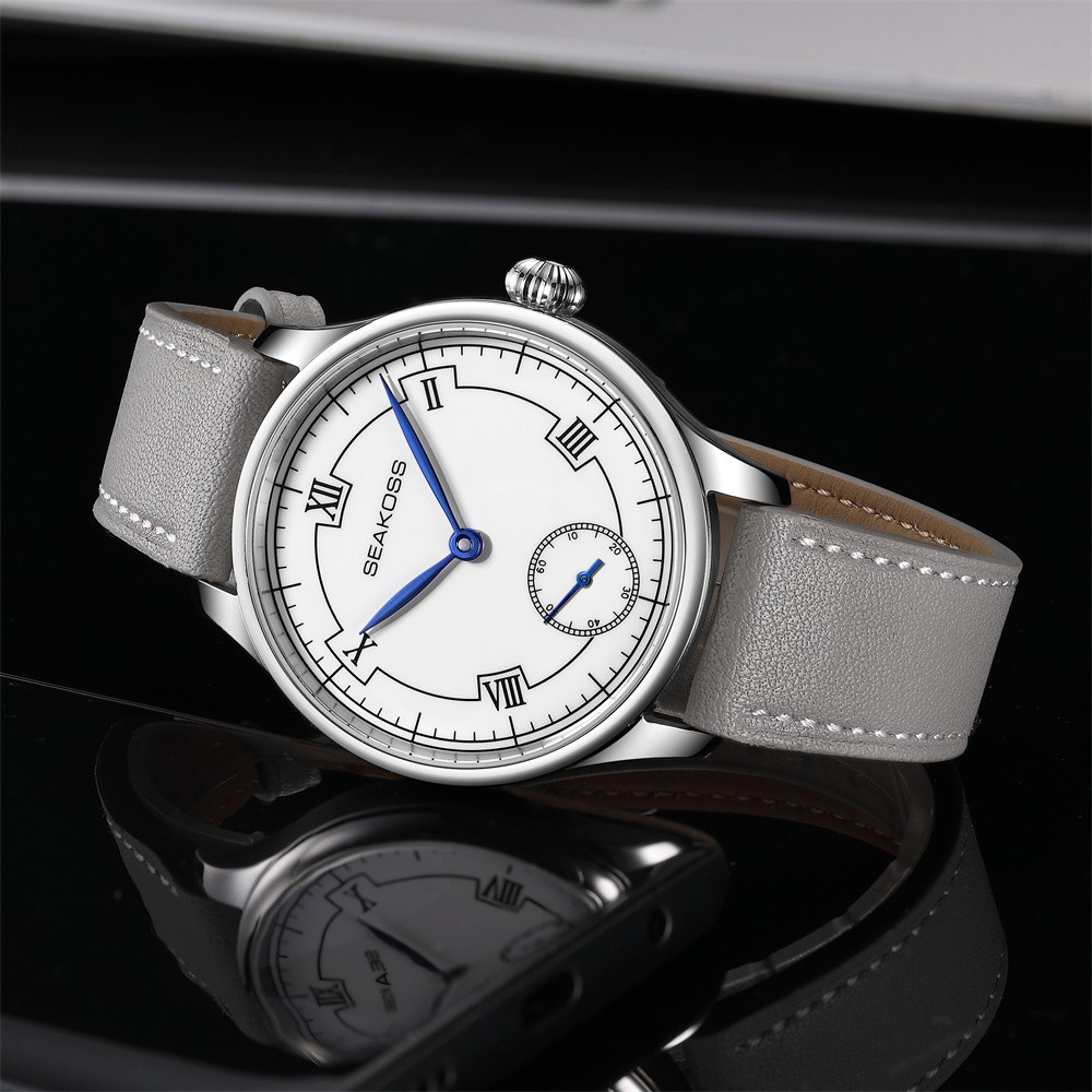 SEAKOSS Manual Wind Mechanical Watch White Roman Dial Blued Hands Small Second