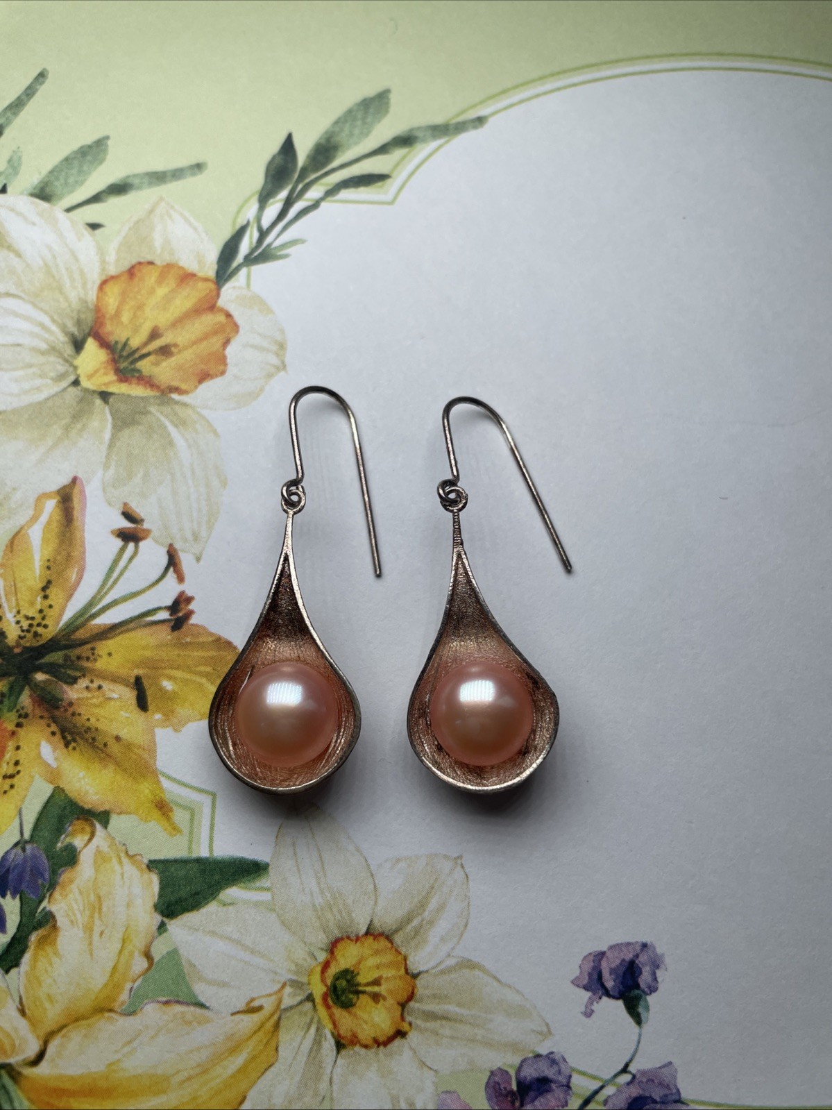 925 Sterling Silver RCI Italy Pink Pearl Drop Dangle Earrings *Unpolished* 6.3g