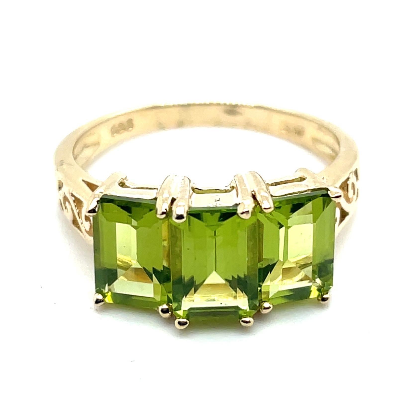 14k Yellow Gold 3 Emerald Cut 3.25 Cts Peridot Filigree Ring Size 7 – 3.2 Grams