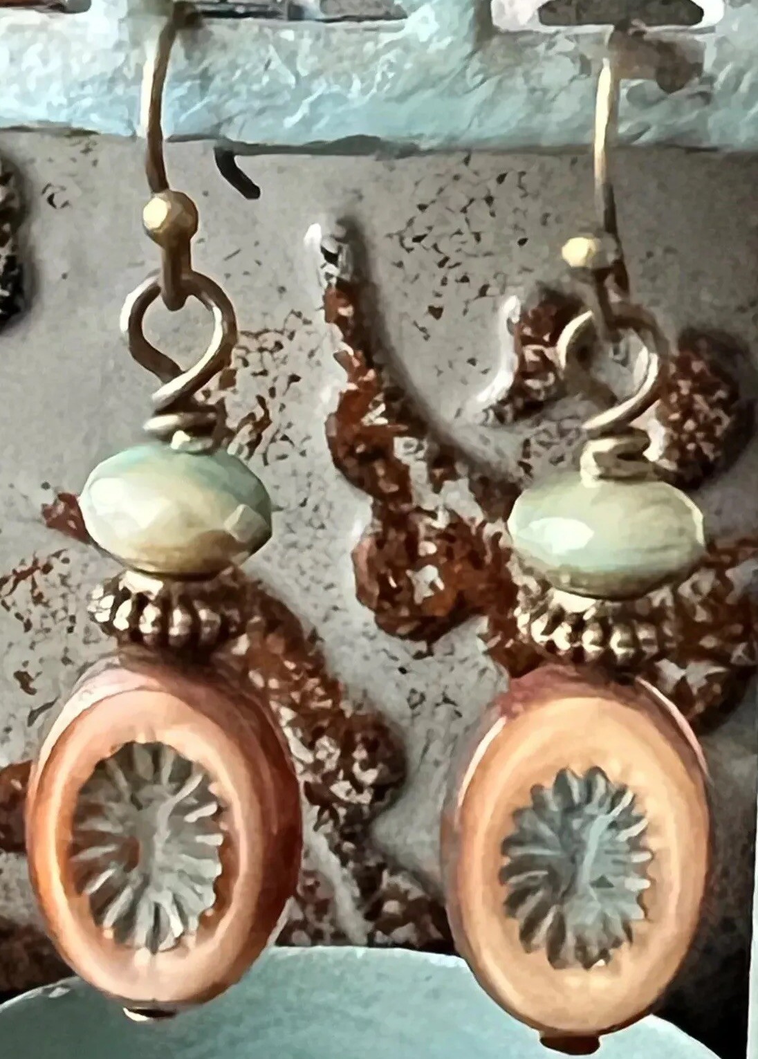 Beautiful Bronze Earrings with Rustic Light Green and Beige Picasso Czech Beads.