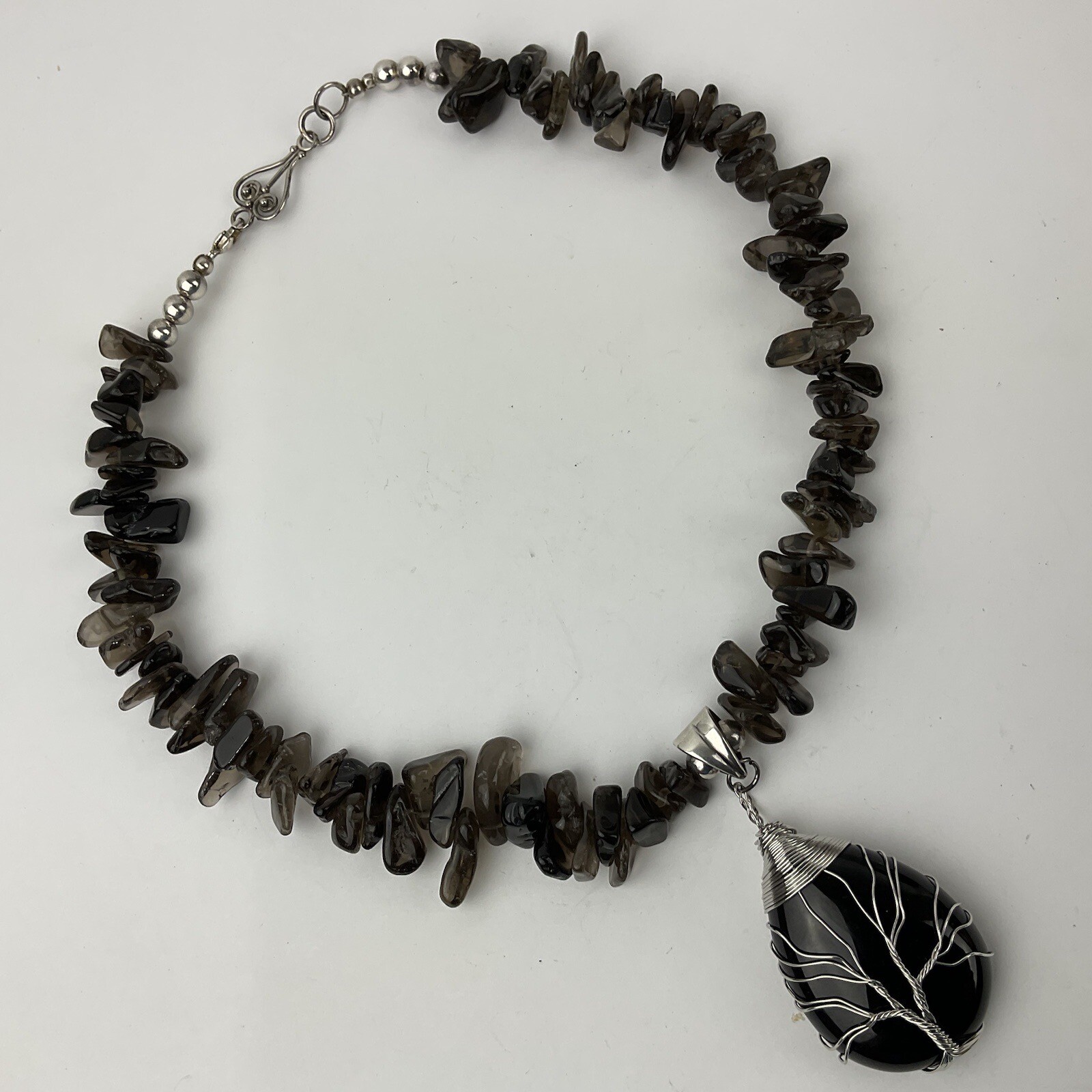 Artisan Obsidian Tree of Life Sterling Wrapped Pendant Smokey Quartz Necklace