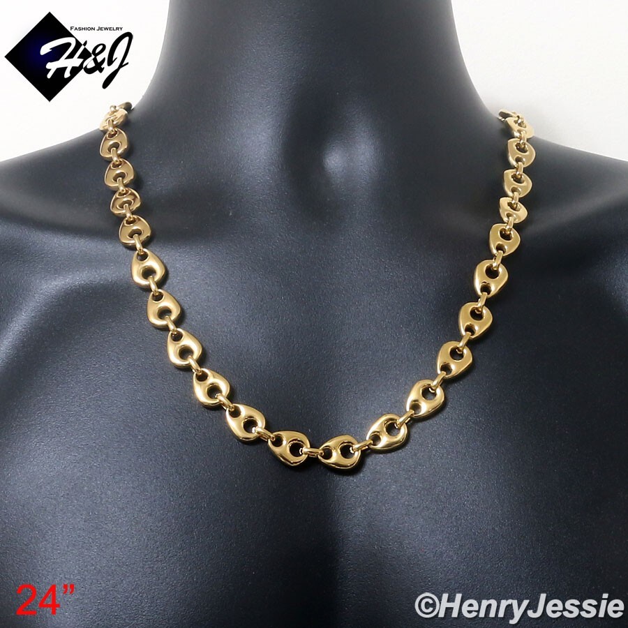 18″-40″MEN Stainless Steel 12mm Gold Plated Puffed Mariner Chain Necklace*GN170