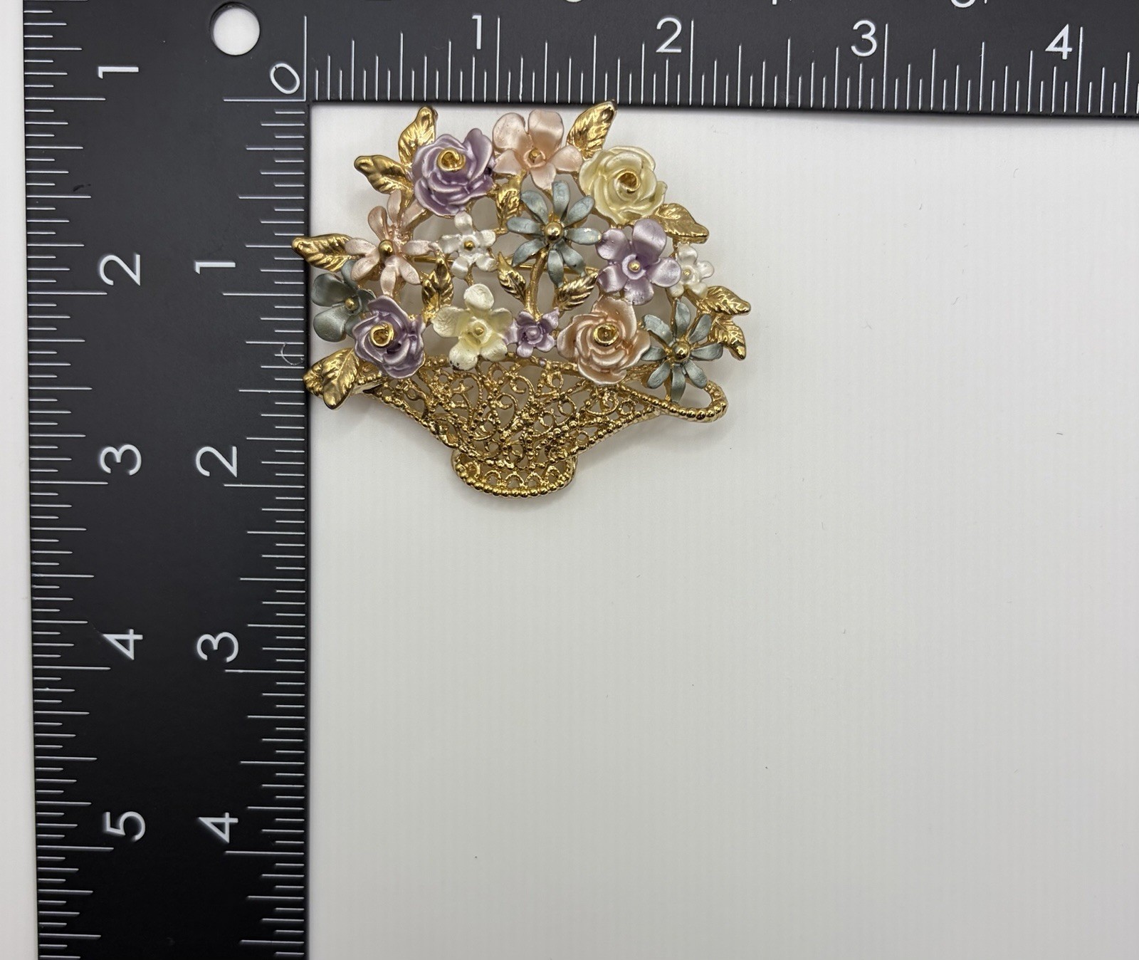 Vintage Gold Tone Filigree Flower Basket Brooch Pastel Enamel Spring Floral Pin