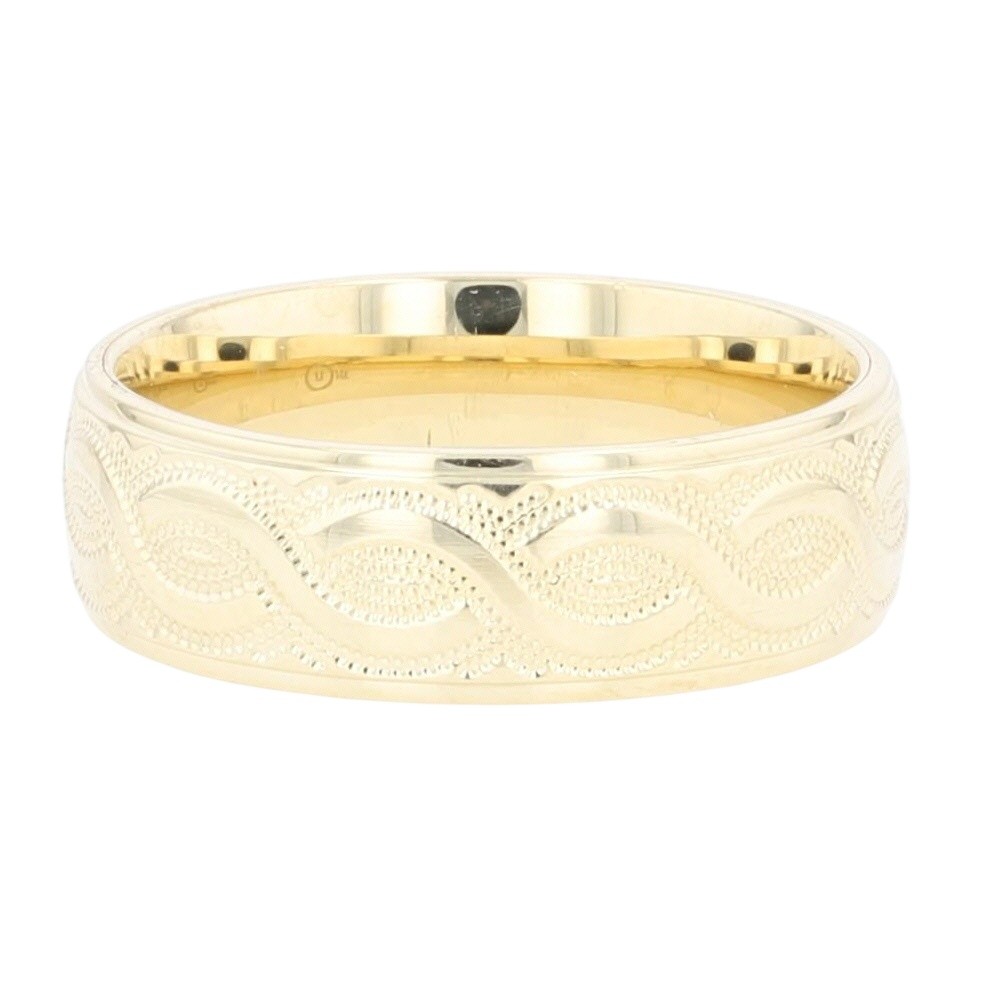 6.9mm Textured Scroll Pattern Wedding Band 14k Yellow Gold 3.98 Grams Size 9
