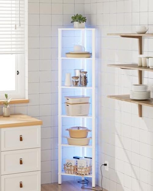 Corner Shelf with LED Light, 6-Tier Corner Bookshelf, 6-Tiers White With Lights