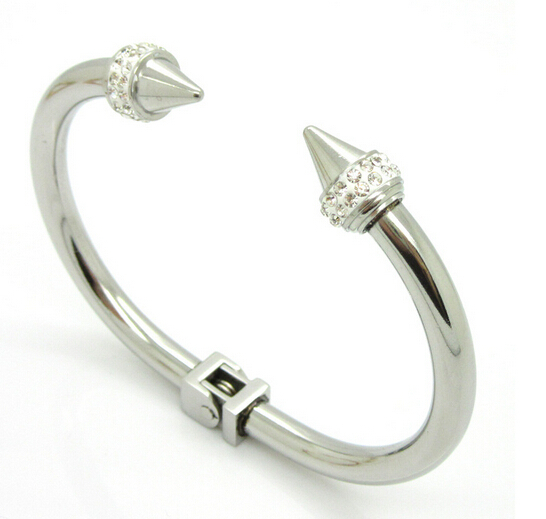 Pure Stainless steel Bracelet Women / Lady Cuff Open Bangle Rivet Nail Crystals