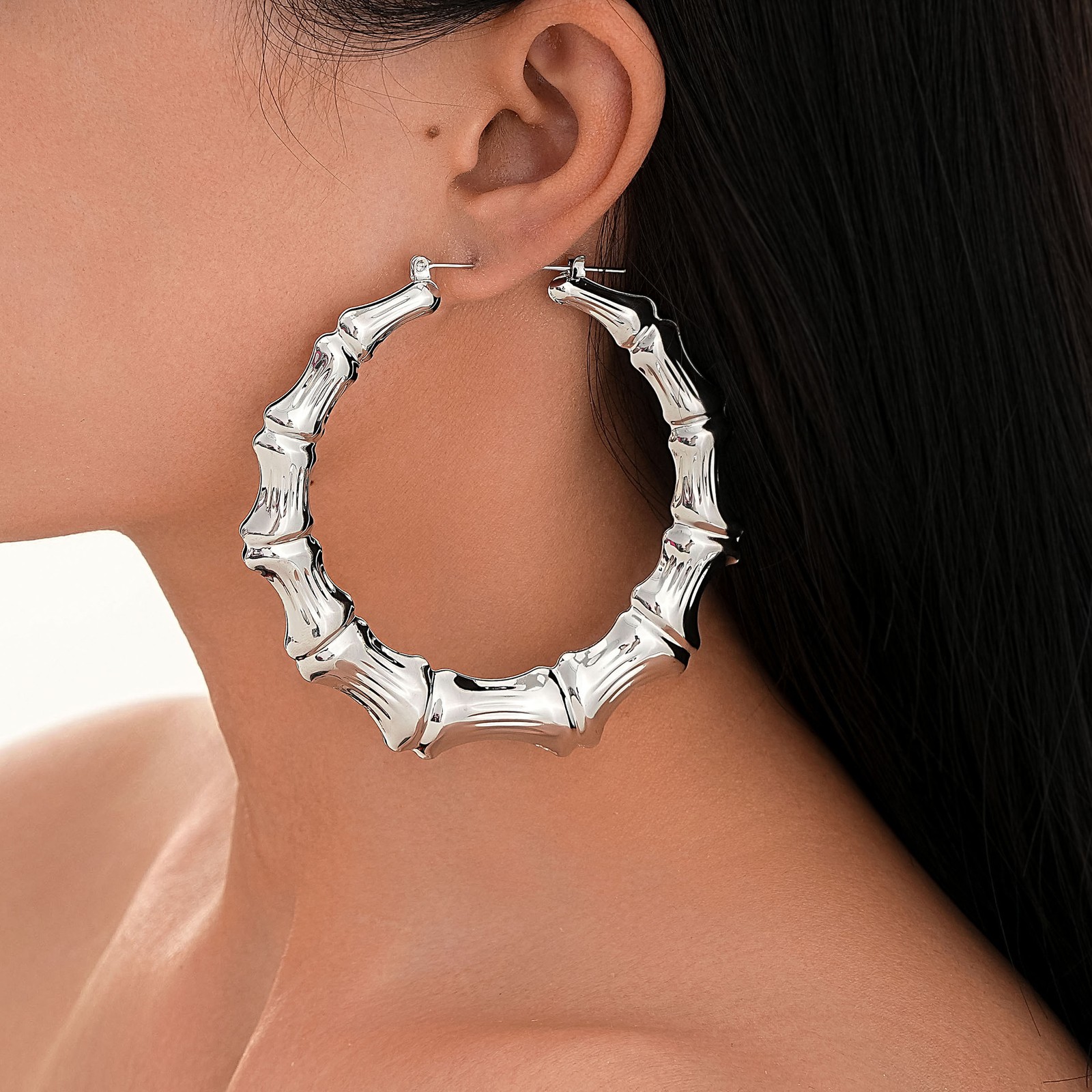 Large Heart Bamboo Hoop Earrings 2Pcs Silver Punk Hip Hop Statement Earrings
