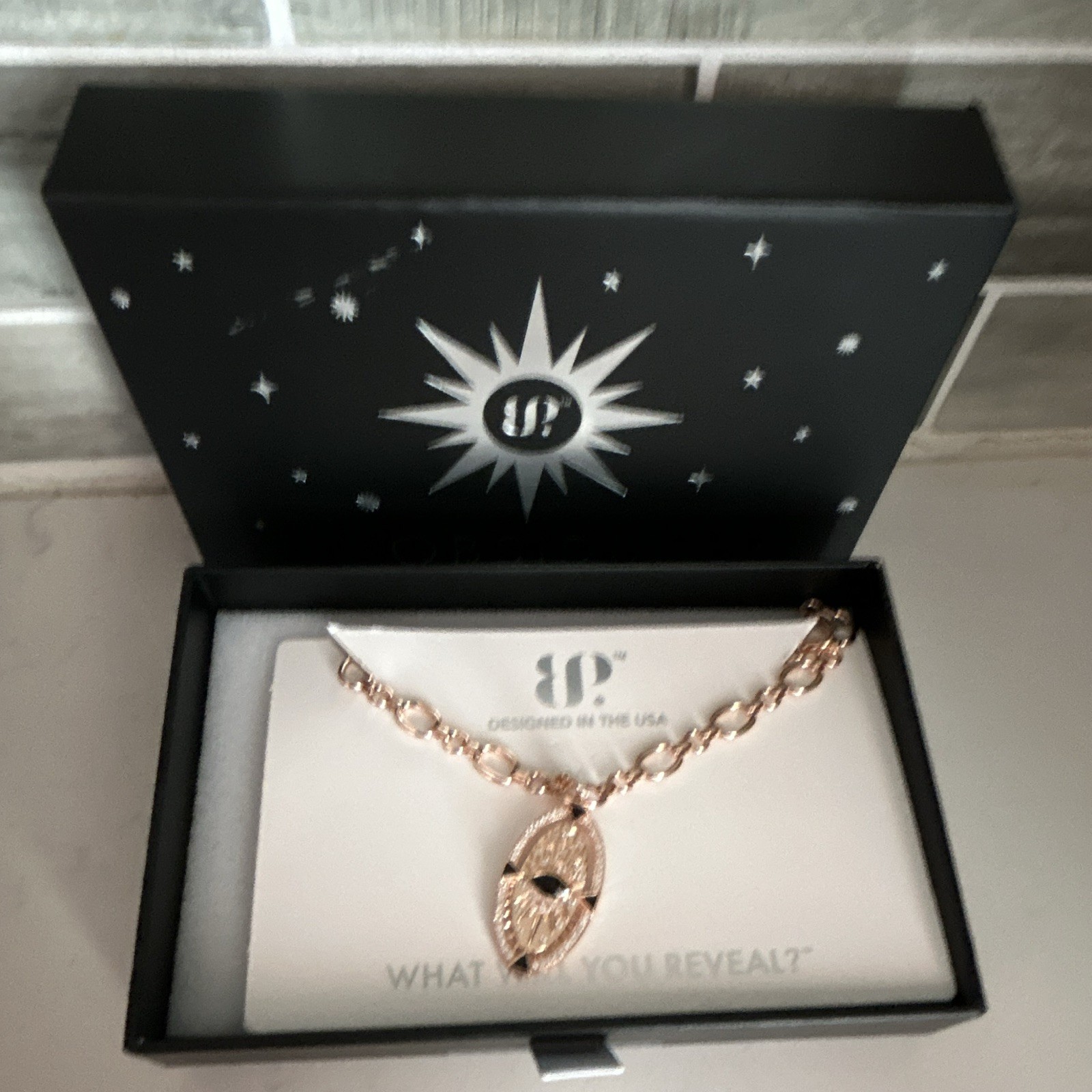 Bomb party obsedia Takeover Necklace Rose Gold Plated Onyx Sandstone CZ 18″
