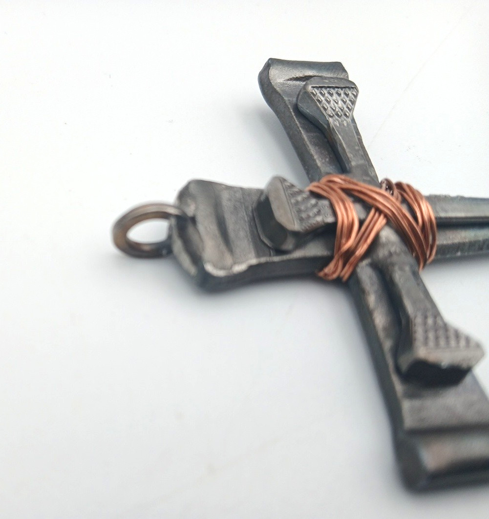 Handmade Steel Copper Cross Pendant Brutalist Rustic 3.25″