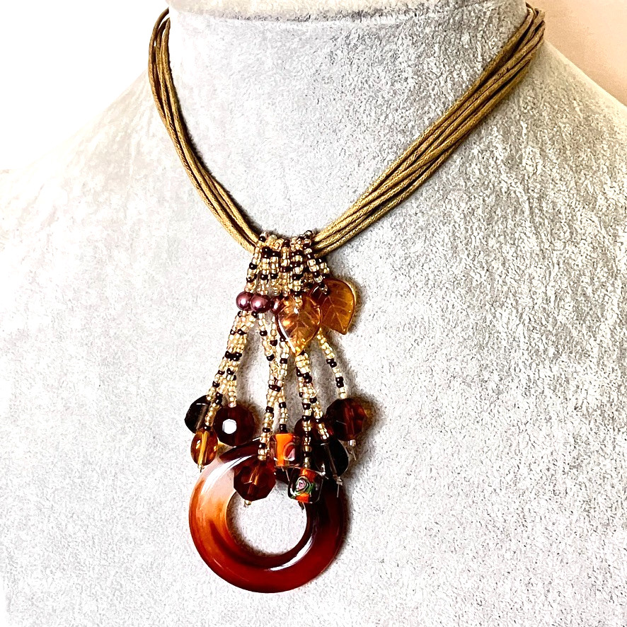 Glass dangle pendant necklace 46cm adjustable multi strand cord Boho vintage
