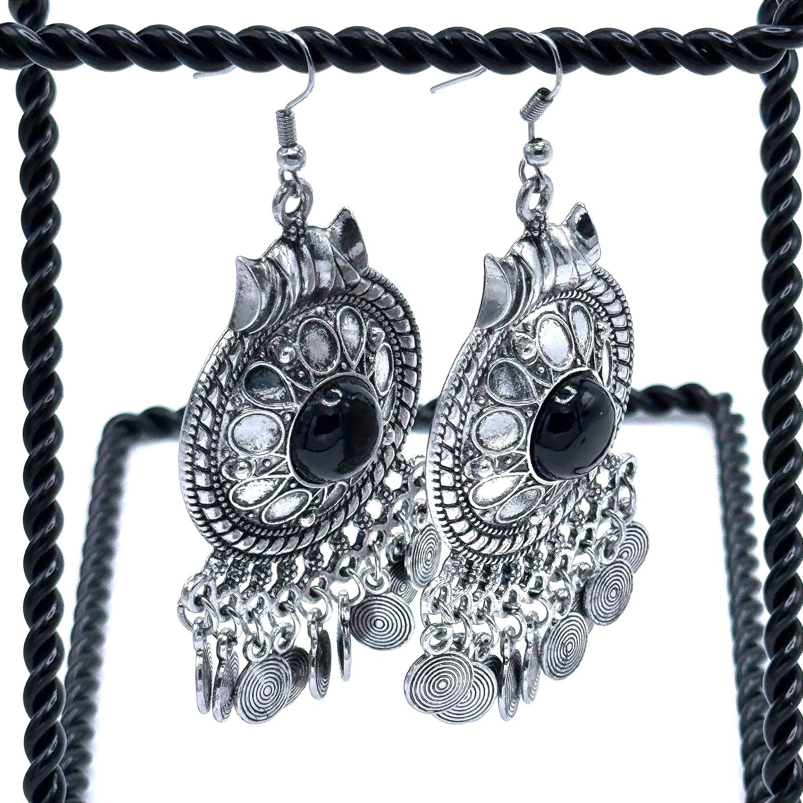 Silver Tone Black Stone Dangle Earrings Gypsy Boho Tribal Chandelier Southwest