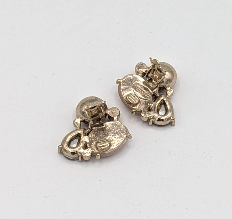 Vintage Pink Rose Quartz Clip On Earrings Smoky Rhinestone teardrop Chicos