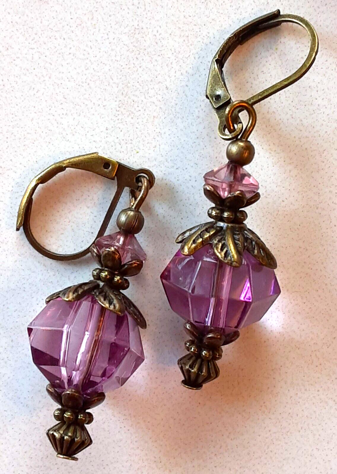 PLUM ACRYLIC CRYSTAL lightweight earrings BRONZE LEVER BACK artisan XX