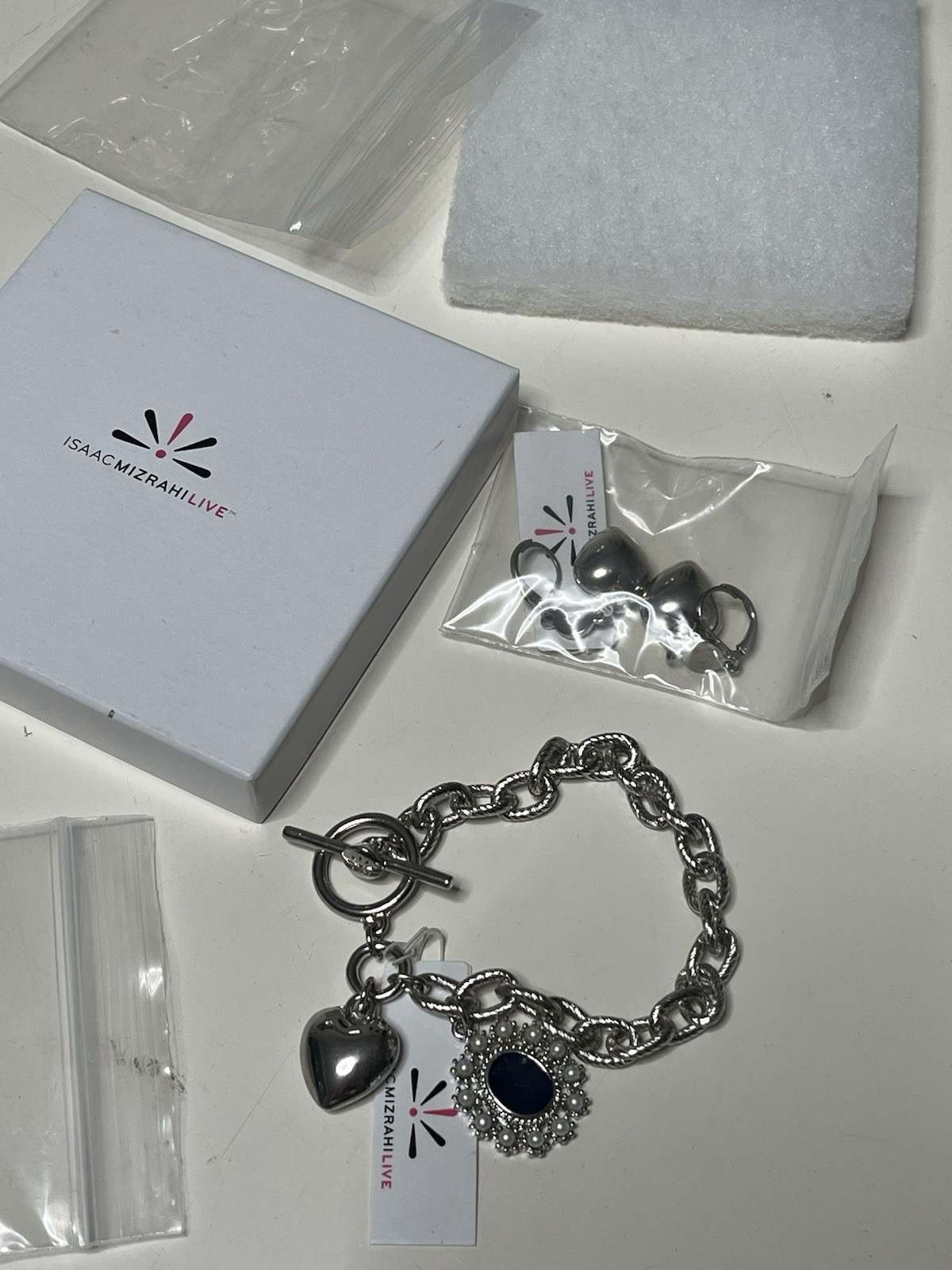 Isaac Mizrahi Live Black Oval charm bracelet Earrings Hearts Set Silver Pearls