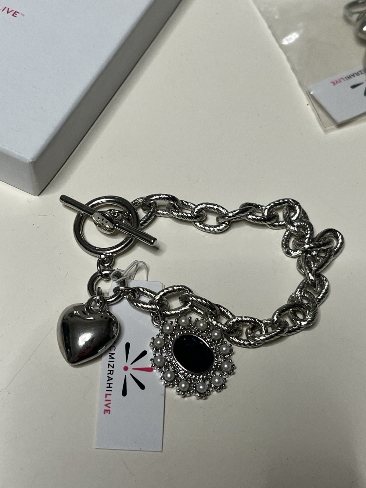 Isaac Mizrahi Live Black Oval charm bracelet Earrings Hearts Set Silver Pearls