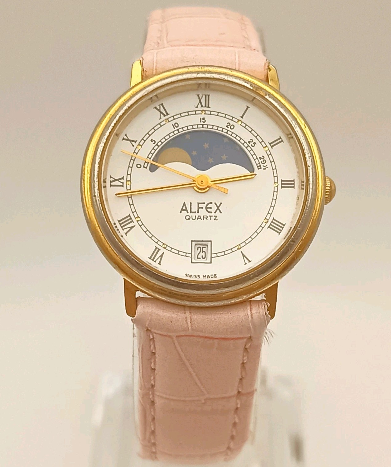 Vintage Alfex Swiss Moonphase Quartz Date Watch Roman Dial Pink Summer Strap