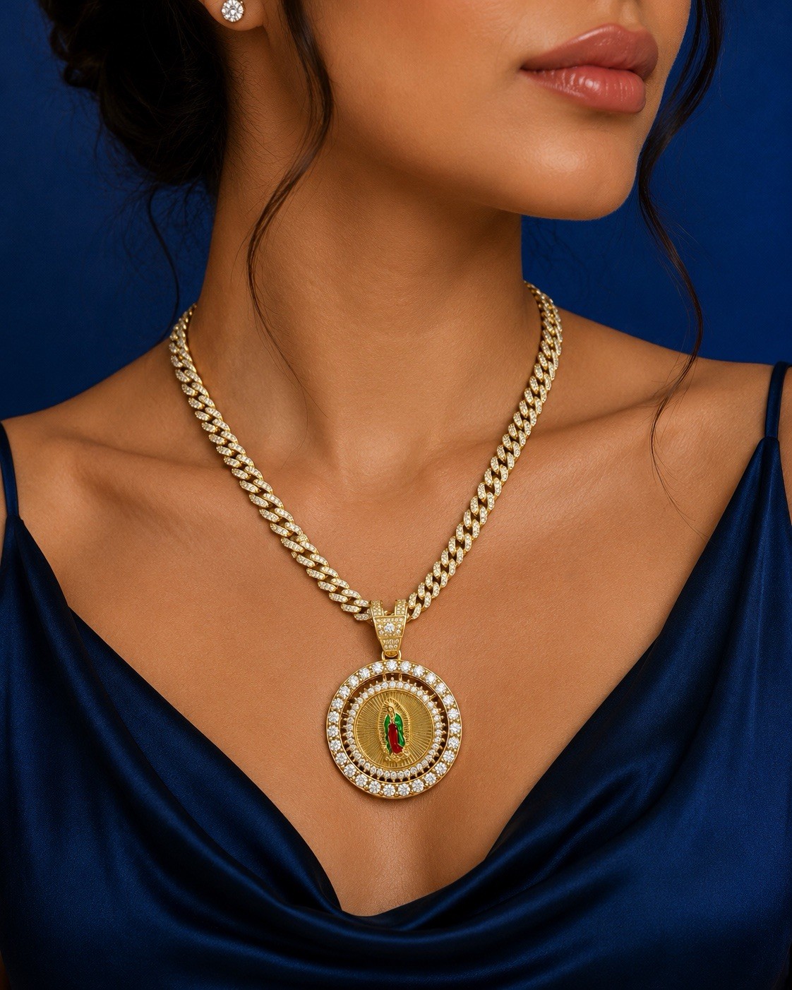 Gold plated Cuban Link Chain Necklace w/ Round spinning CoinPendant Religious