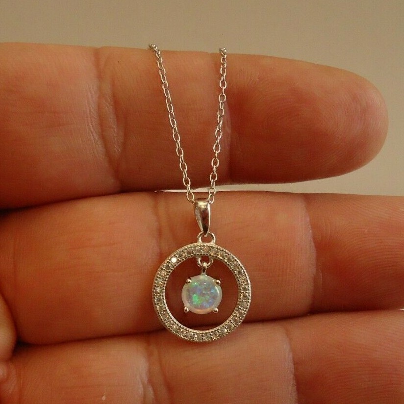 OPEN ROUND CIRCLE NECKLACE PENDANT W/LAB DIAMONDS & OPAL / 925 STERLING SILVER
