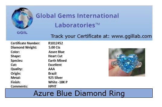 18K GOLD VERMEIL- 5 Ct Certified Blue Diamond Ring,FREE Diamond Studs