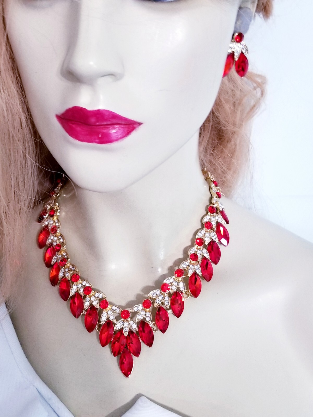 Red Crystal Choker Rhinestone Necklace Earring Set Bridal Prom Pageant