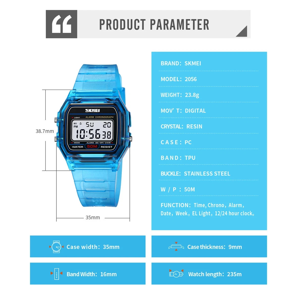 SKMEI 2056 Electronic Waterproof Sports Watch for Men Women Countdown Boy